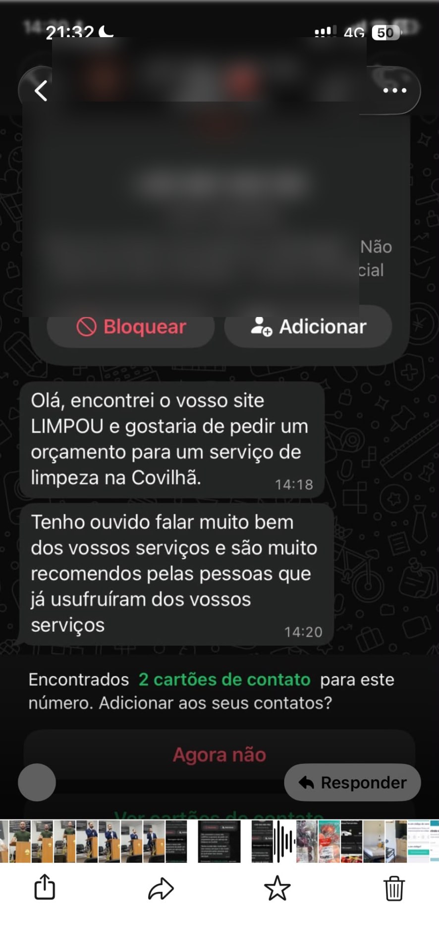 Pedido real de orçamento recebido por WhatsApp, com os dados do cliente ocultos