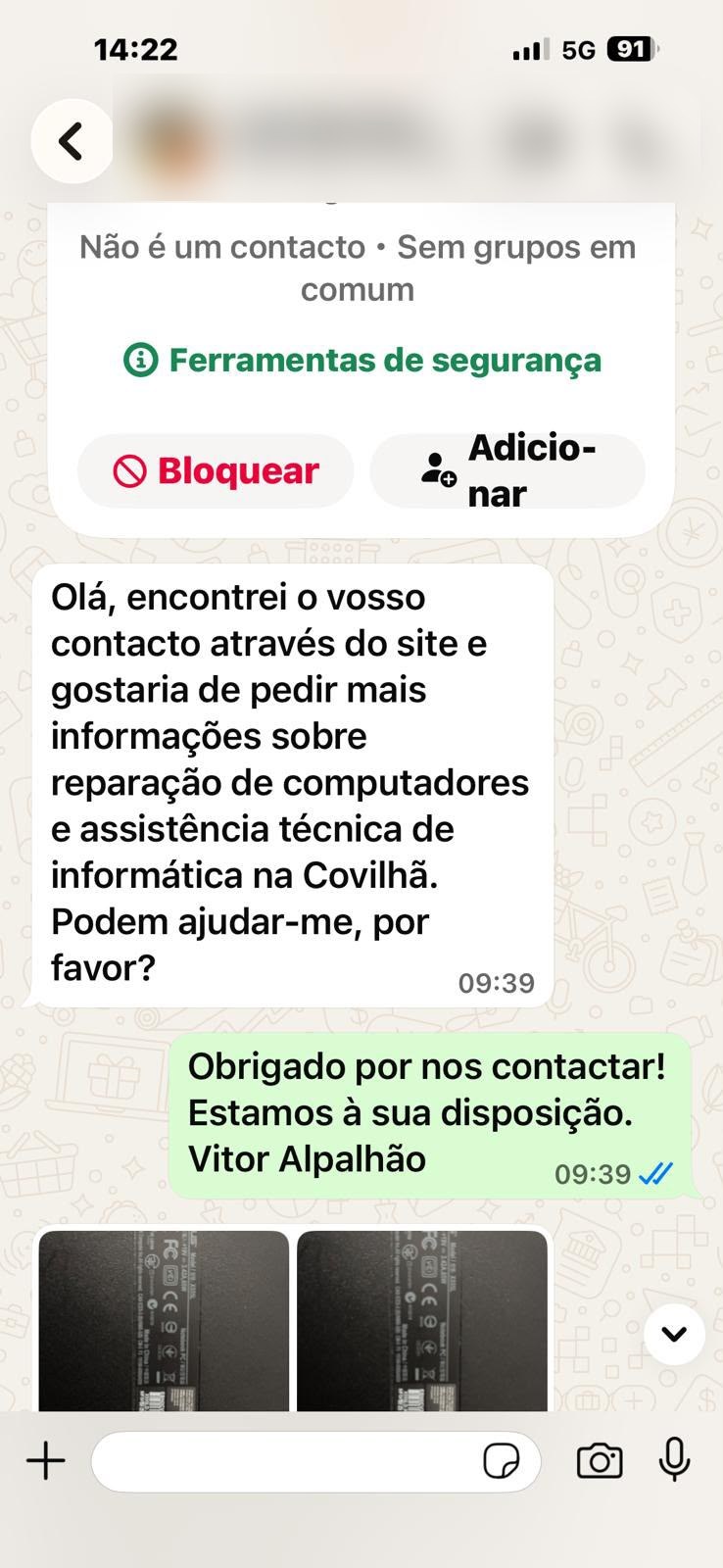 Pedido real recebido através de um site, com os dados do cliente ocultos