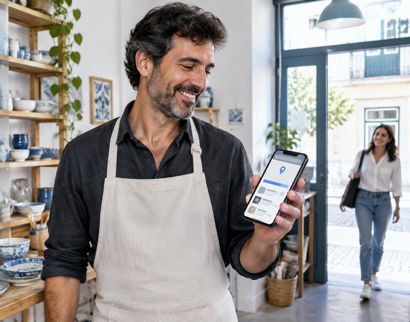 Proprietário de um negócio local a receber uma nova cliente através de uma pesquisa no telemóvel