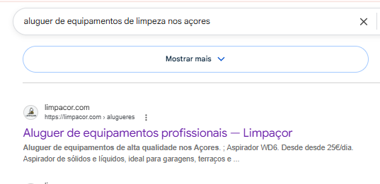Limpaçor nos resultados do Google para aluguer de equipamentos de limpeza nos Açores