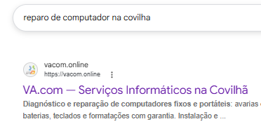 VA.com nos resultados do Google para reparação de computadores na Covilhã